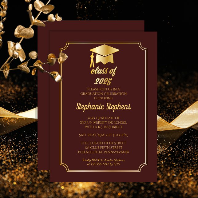 Convites Elegante Maroon | Parte Formandos do Boné Dourado (Elegant Maroon and Gold Tone Grad Cap College Graduation Party Invitation - Print | Download)