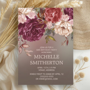 Convites Elegante Marrom Borgonha Marfim Floral 50º Anivers