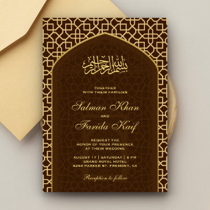 Convites Elegante Marrom Dourado Mihrab Islâmico Casamento