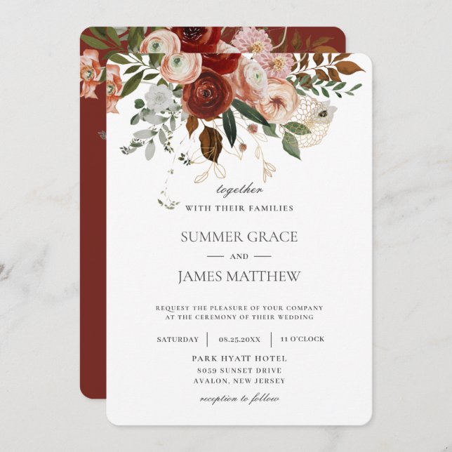 Convites Elegante Marsala Burgundy Blush Ivory Wedding (Frente/Verso)