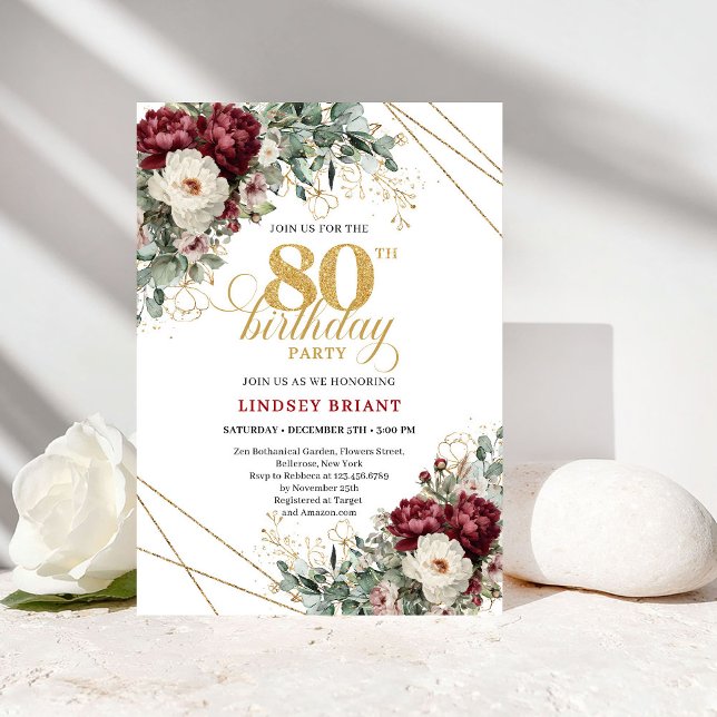 Convites Elegante Marsala Flora Verde 80º Aniversário (Elegant Marsala Floral Greenery 80th Birthday)