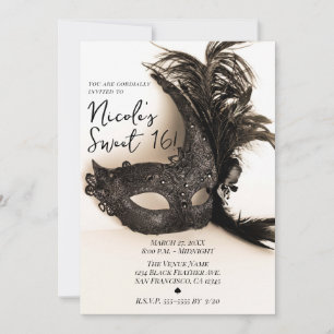 Convites Elegante Máscara de Pena Preta Tan Sweet 16