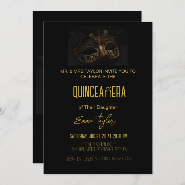 Convites Elegante Mascarada negro Quinceañera 15 Aniversári (Frente/Verso)