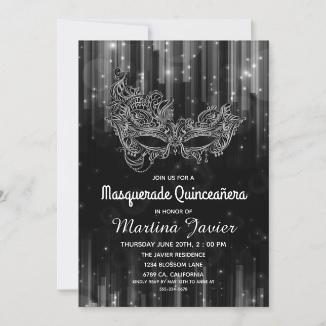 Convites Elegante Mascarada Quinceañera Black 15 Birthday (Frente)