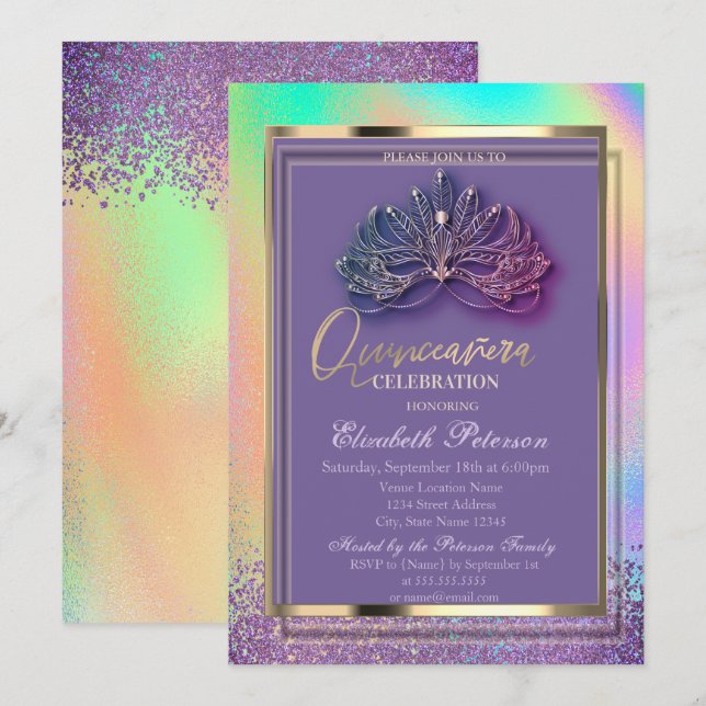 Convites Elegante Masque Diamantes Rainbow Holographic (Frente/Verso)