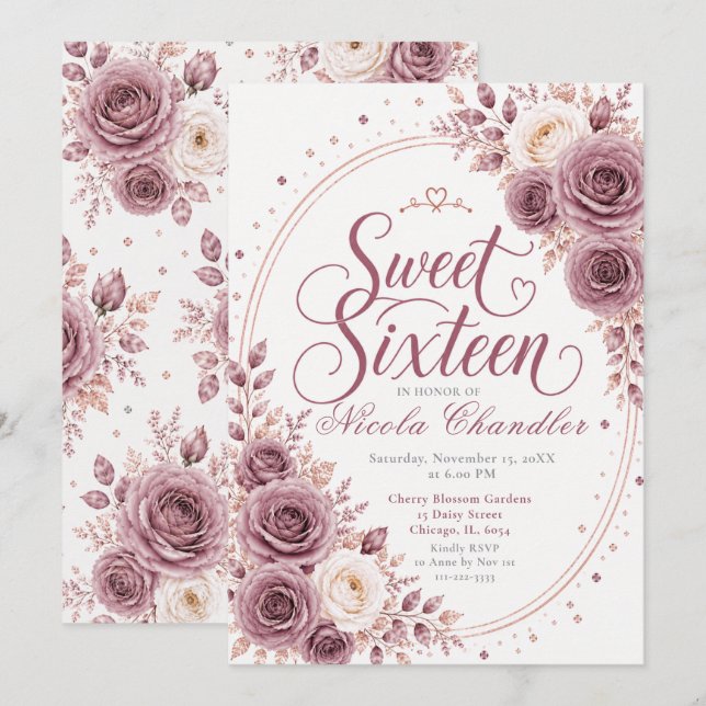 Convites Elegante Mauve Sweet 16 (Frente/Verso)