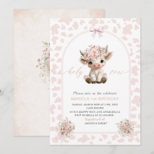 Convites Elegante Menina de Aniversário de 1 Ano com Vaca S