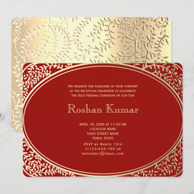 Convites Elegante Menino Dourado Vermelho Annaprashan (Frente/Verso)