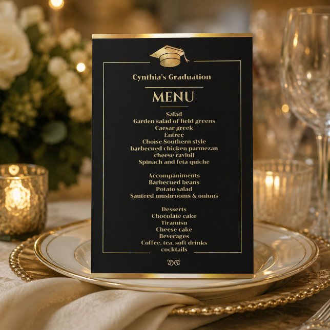 Convites Elegante Menu de Jantar de Formatura Preto e Doura (#menuinvitation #menugraduationinvitation #graduationblackgoldinvitation #goldcapgraduation #modern)