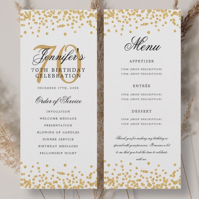 Convites Elegante Menu de Programa de Aniversário de 70 ano (Elegant 70th Birthday Program Menu Thank U Gold )