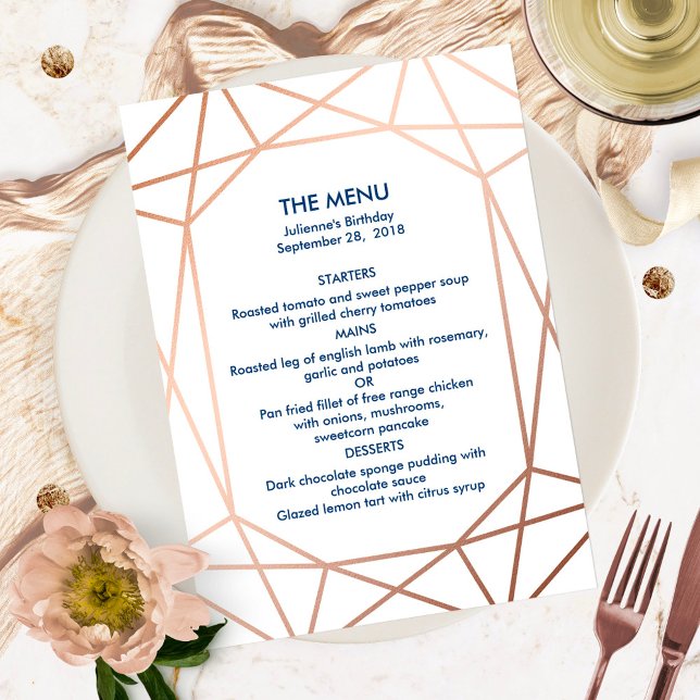 Convites Elegante Menu Geométrico em Rosa Dourado e Azul Ma (Criador carregado)
