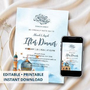 Convites Elegante Mesquita Aquarela Azul Ramadan Iftar