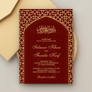 Convites Elegante Míhrab Islâmico Dourado Vermelho Casament