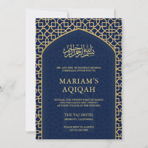 Convites Elegante Mihrab Islâmico em Azul e Dourado Aqiqah