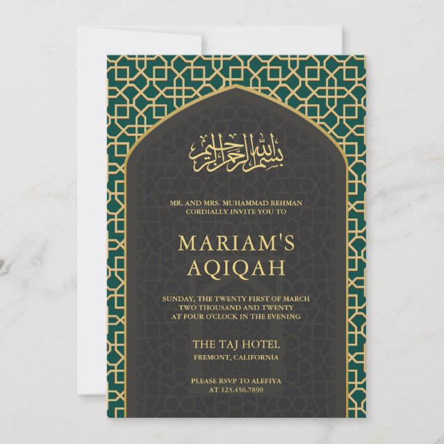 Convites Elegante Mihrab Islâmico Teal Cinza Dourado Aqiqah (Frente)