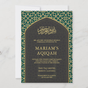Convites Elegante Mihrab Islâmico Teal Cinza Dourado Aqiqah
