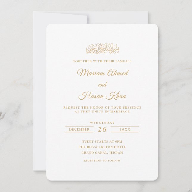 Convites Elegante Minimal Dourado Script Casamento Muçulman (Frente)