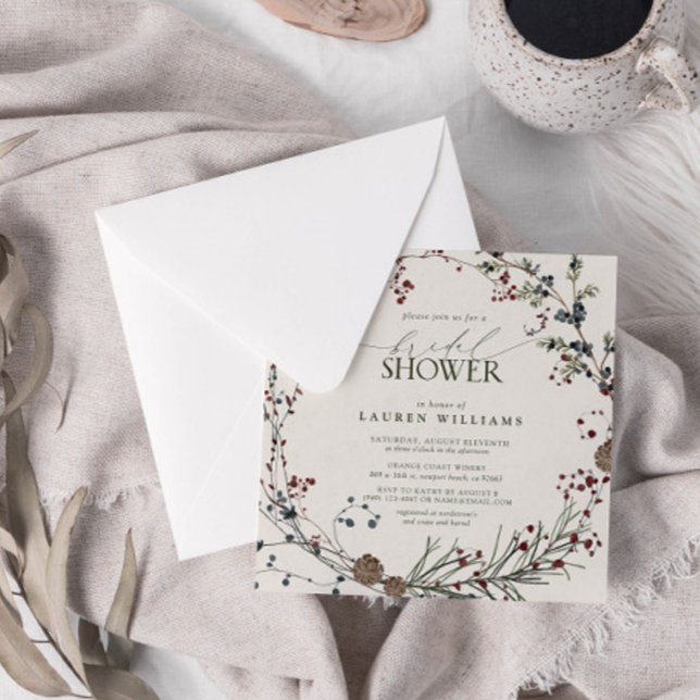 Convites Elegante Mínimo de Aquarela Berry Wreath Greenery (Join us in a winter wonderland of botanical bliss to shower the bride-to-be.)