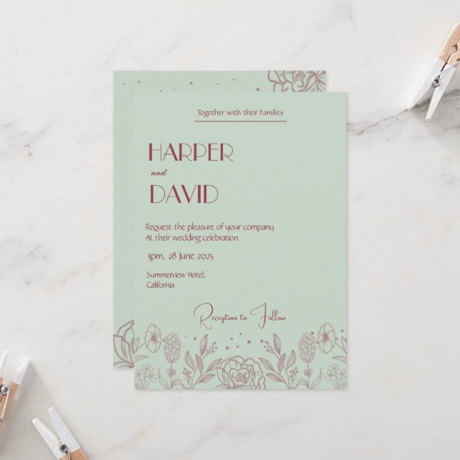 Convites Elegante Mint Green Floral Line Invitation (Frente/Verso In Situ)