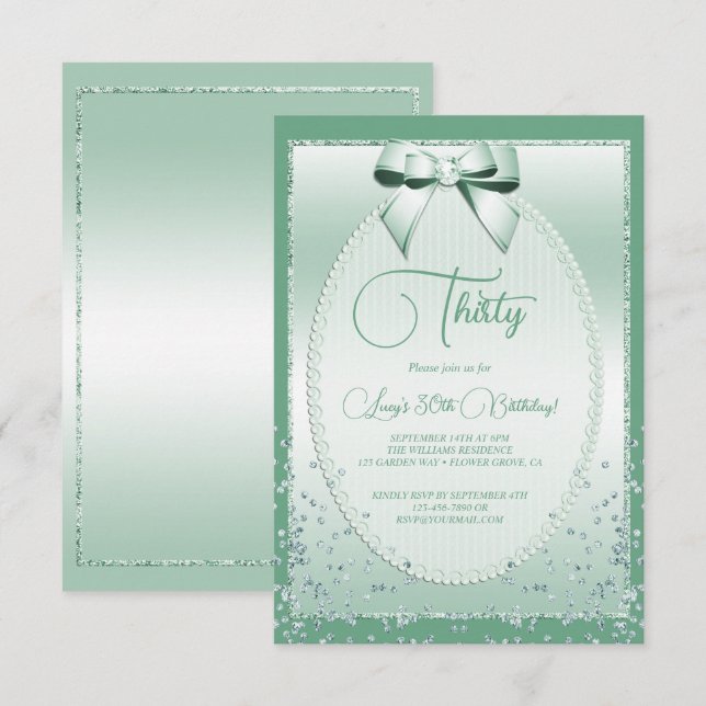 Convites Elegante Mint Green Jeweled Arco & Confetti Birthd (Frente/Verso)