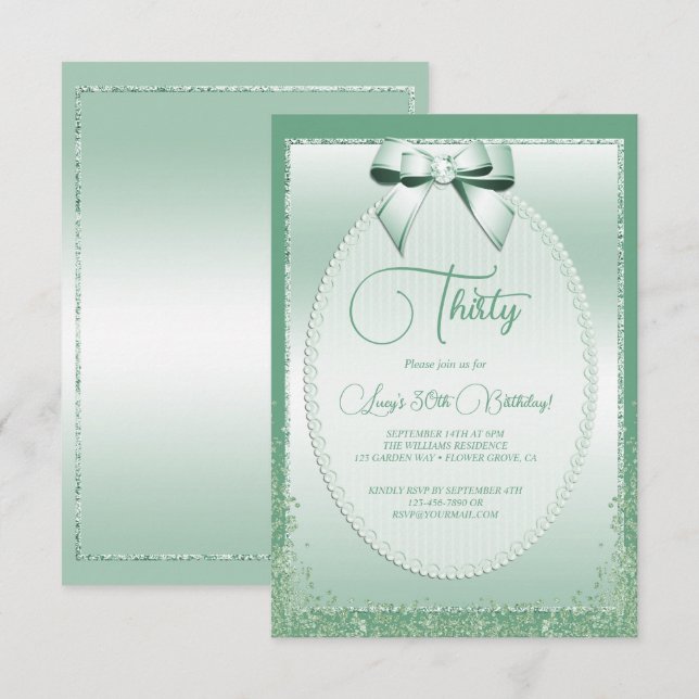 Convites Elegante Mint Green Jeweled Birthday (Frente/Verso)