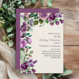 Convites Elegante Mint Green Purple Floral aniversário de 3
