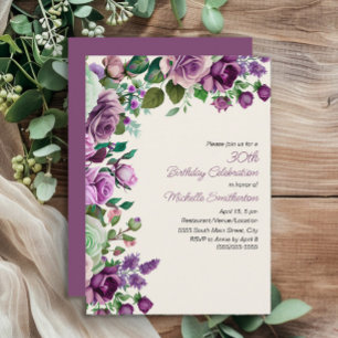 Convites Elegante Mint Green Purple Floral aniversário de 3