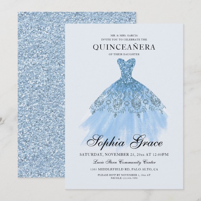 Convites Elegante Mis Quince Blue Glitter Quinceañera (Frente/Verso)