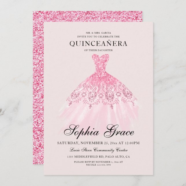 Convites Elegante Mis Quince Rosa Glitter Quinceañera (Frente/Verso)