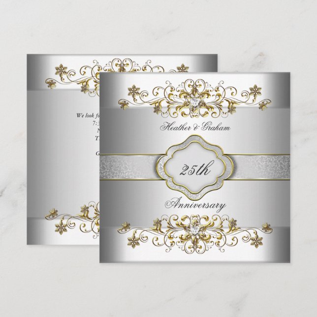Convites Elegante Modelo Prata Dourado Branco de Aniversári (Frente/Verso)