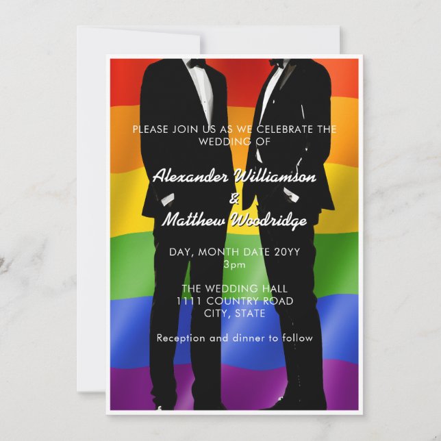 Convites Elegante Modern Gay Men Casando Rainbow (Frente)