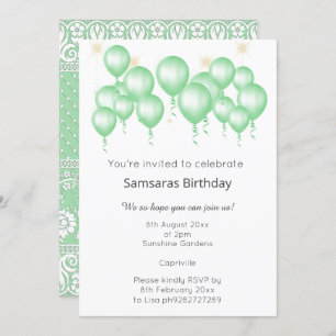 CONVITES ELEGANTE MODERNO BALLOON SAGE GREEN LACE ANIVERSÁR