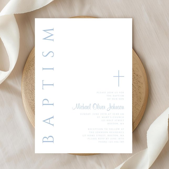 Convites Elegante Moderno Batismo Menino Cruz Azul Script (Elegant Modern Blue Script Cross Boy Baptism Invitation)