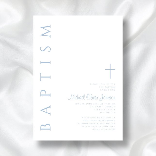 Convites Elegante Moderno Batismo Menino Cruz Azul Script (Elegant Modern Blue Script Cross Boy Baptism Invitation)