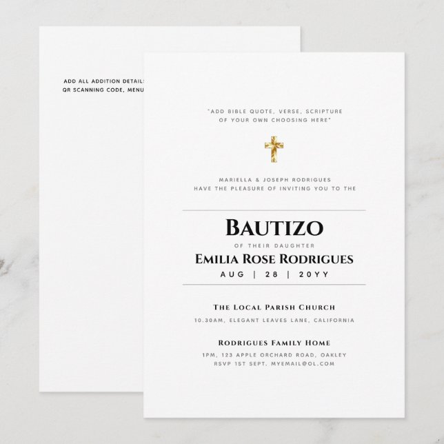 Convites Elegante Moderno BAUTIZO Bautismo Baptism - ADD VE (Frente/Verso)