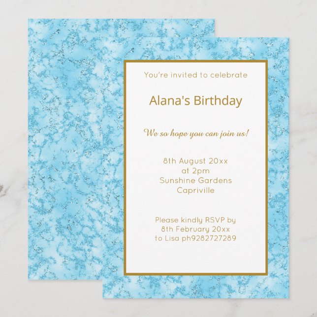 CONVITES ELEGANTE MODERNO BLUE MARBLE GLITTER SIMPLES (Frente/Verso)