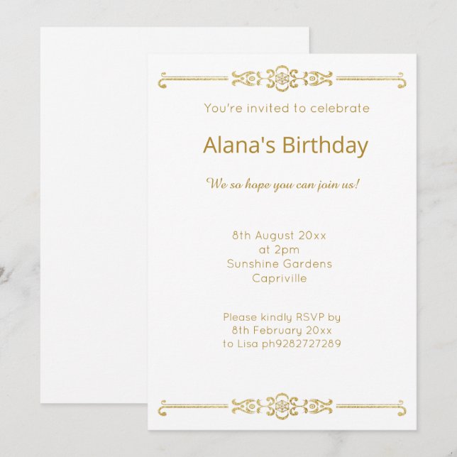 CONVITES ELEGANTE MODERNO BORDA DE OURO BRANCO (Frente/Verso)