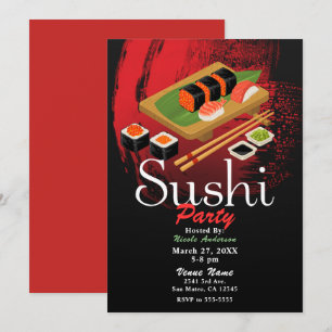Convites Elegante Moderno Chic Festa de Sushi Preto e Verme