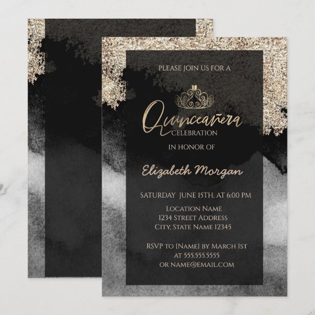 Convites Elegante Moderno Dourado Tiara, Marble, Confetti (Frente/Verso)