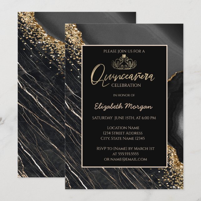 Convites Elegante moderno Dourado Tiara, mármore negro (Frente/Verso)