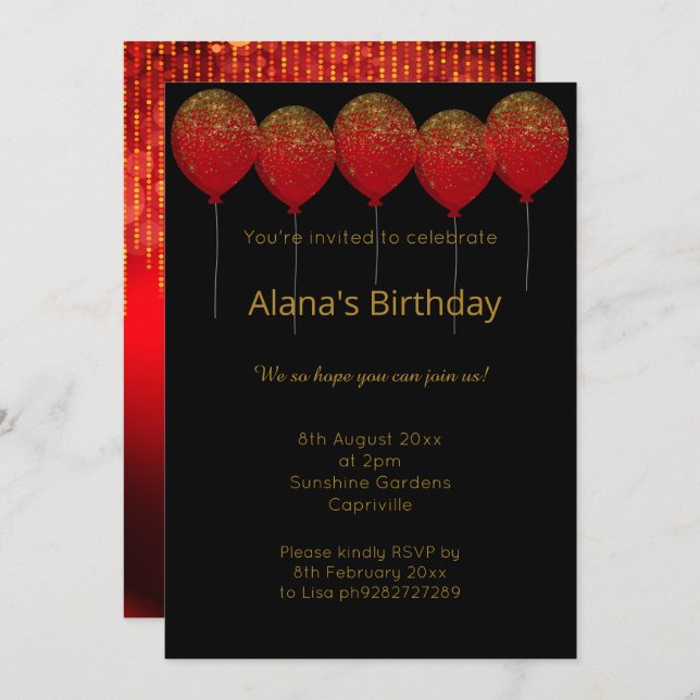 CONVITES ELEGANTE MODERNO NEGRO VERMELHO DOURADO ESPARQUES  (Frente/Verso)