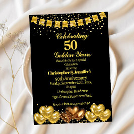 Convites Elegante Moderno Preto e Dourado 50º Aniversário d