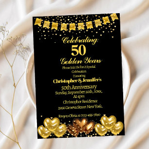 Convites Elegante Moderno Preto e Dourado 50º Aniversário d