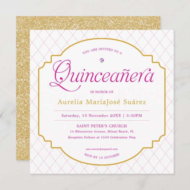 Convites Elegante Moderno Rosa Dourada Quinceañera (Frente/Verso)