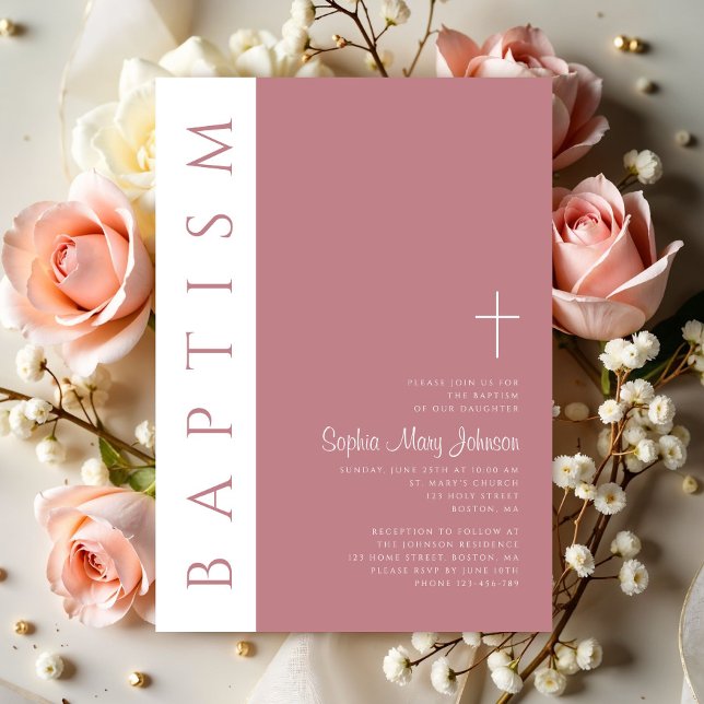 Convites Elegante Moderno Script Batismo Rosa (Modern Elegant Script Pink Baptism Invitation)