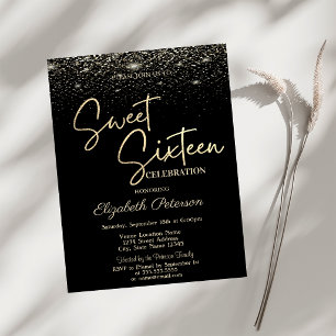 Convites Elegante Moderno Simples Confetes Preto Sweet 16
