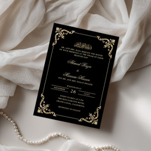 Convites Elegante Moldura Antiga Cerimônia Nikah Preto Dour