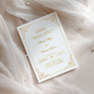 Convites Elegante Moldura Antiga Dourado Branco Compromisso