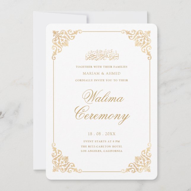 Convites Elegante Moldura Barroca Dourada Cerimônia Walima  (Frente)