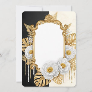 Convites Elegante Moldura Barroca Dourada com Flores Branca